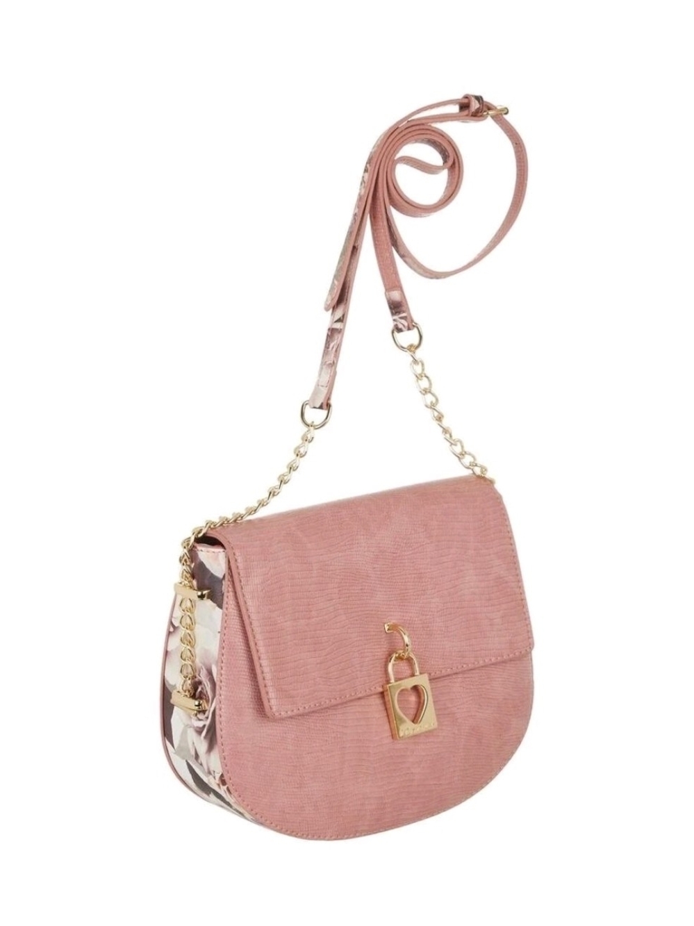 💕 Betsey Johnson Pink Croc Embossed Heart Lock Crossbody Saddle Bag - Picture 5 of 5